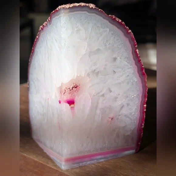 Brazilian Geode Pink White Quartz Agate Polished Bookends Set Dyed Stone Decor - Picture 2 of 11